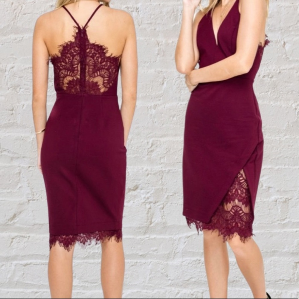 Wine Cocktail Dress with Lace Back and Thigh Detail